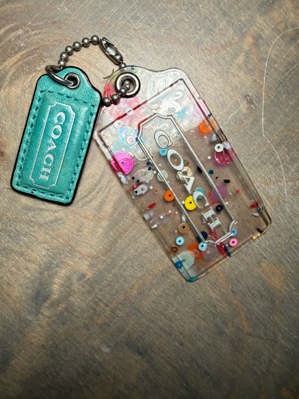 COACH Teal Leather Tag with Clear Confetti Acrylic Charm Keychain.
